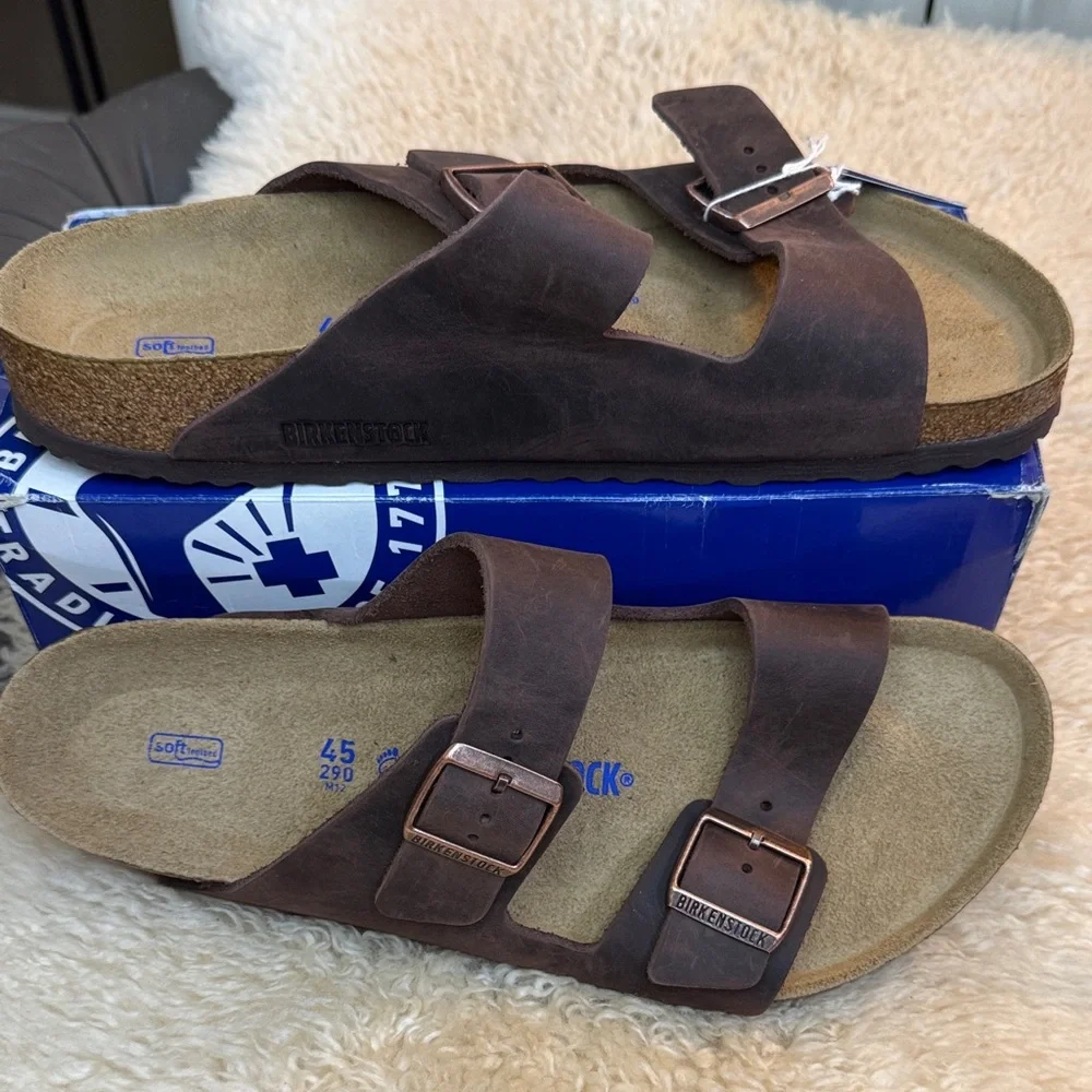 NEW Birkenstock ARIZONA Dk Brown Leather Sandal w/Adjustable Straps Softbed sz12 - Picture 2 of 16